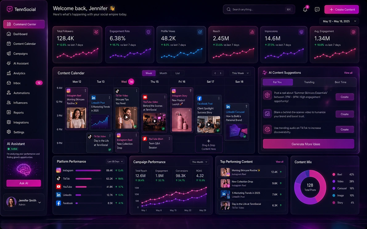TennSocial AI social media command center with analytics and content calendar