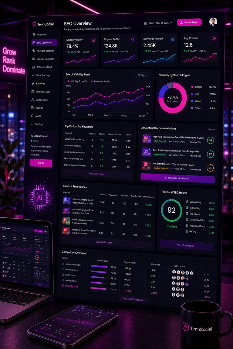AI SEO dashboard showing search visibility and content performance